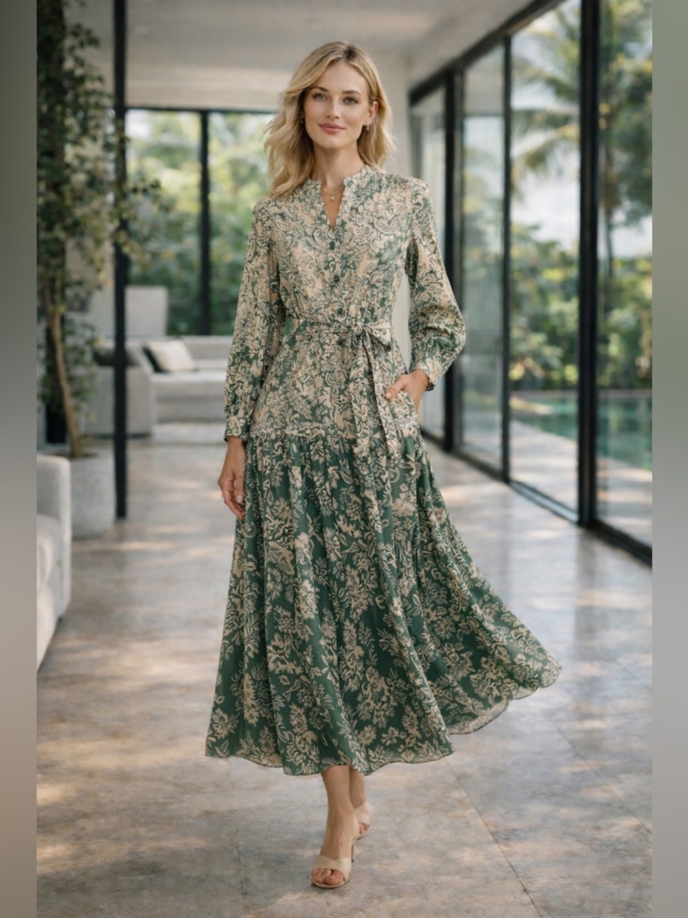 New Women's Green Paisley Maxi Dress with Long Sleeves one size - Picture 15 of 15